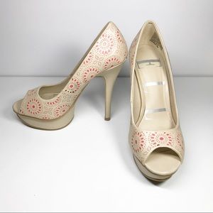Elle tan and coral cutout peep toe heels